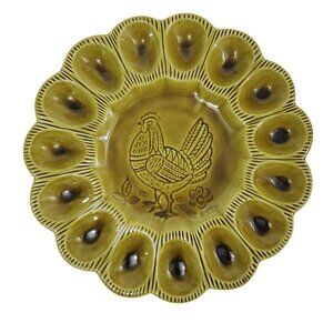 Vtg Calif USA S 29 Deviled Egg Plate Olive Green Scalloped Platter 15 eggs MINT